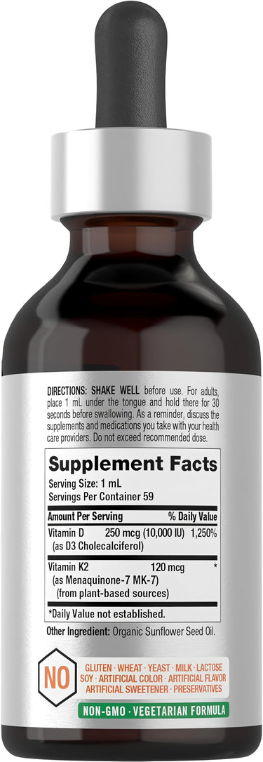 View 2 Horbaach Liquid Vitamin D3 + K2 with MK-7, 2 fl oz dropper bottle. Contains 10,000 IU D3, 120 mcg K2. Non-GMO, Vegetarian.