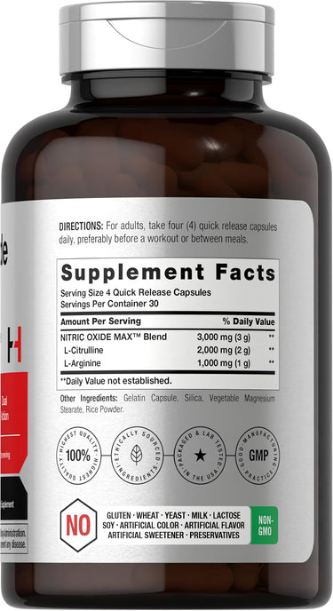 View 2 Supplement Facts panel for NO Boost with L-Arginine and L-Citrulline, 3000 mg per serving, 120 Capsules.