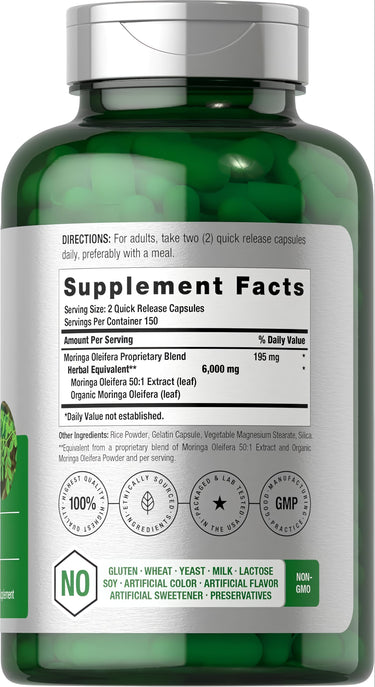 View 2 Horbaach Moringa 6000 mg, 300 quick release capsules, displayed in packaging as a dietary supplement product.
