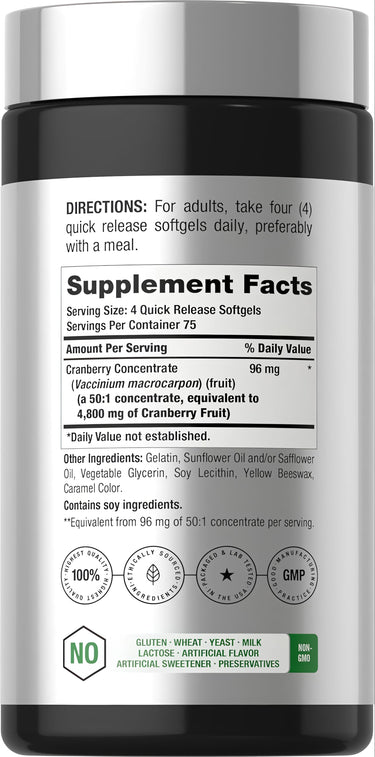 View 2 Supplement Facts panel for Horbaach Cranberry 4800 mg, 300 softgels displayed.