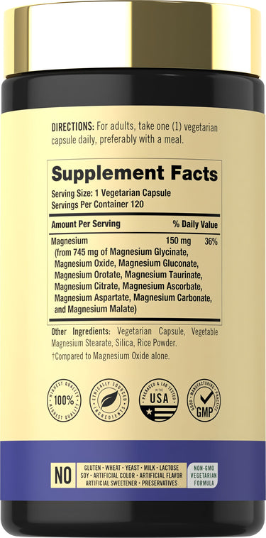 View 2 Supplement Facts panel for Carlyle 10 Magnesium Complex with 120 Veggie Caps.