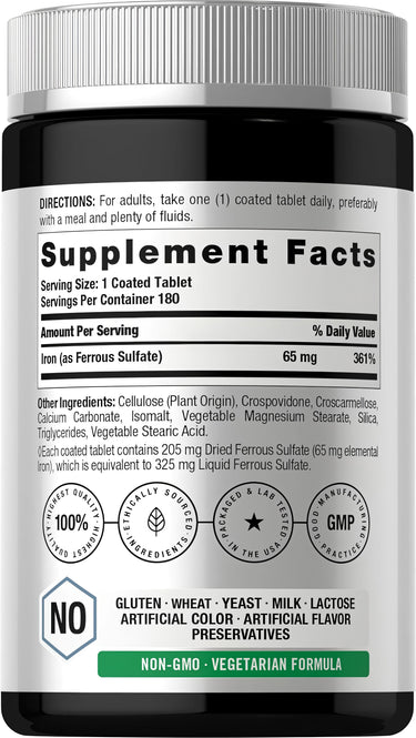 View 2 Supplement Facts panel for Horbaach Ferrous Sulfate 325mg tablets, 180 count.