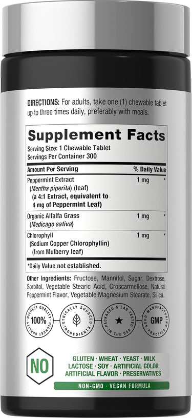 View 2 Supplement Facts panel for Horbaach Chewable Chlorophyll & Mint, 300 tablets.