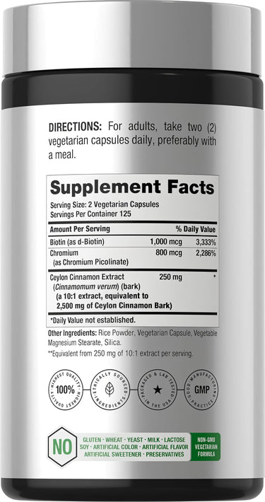 View 2 Supplement Facts for Horabach Cinnamon 2500 mg with Chromium and Biotin.