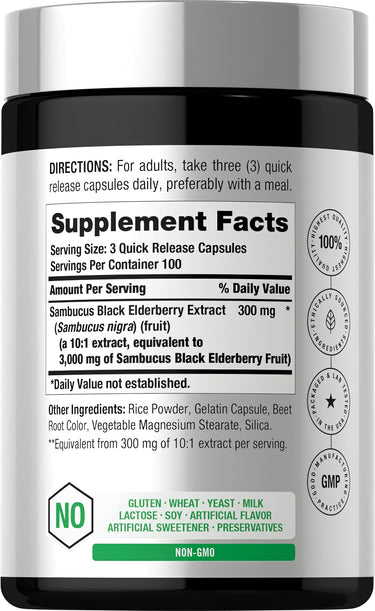View 2 Supplement Facts panel for Horbaach Elderberry, showing 3000mg per serving in 300 capsules.