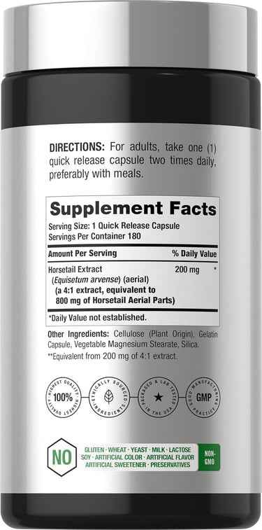 View 2 Horsetail bottle with icons indicating Gluten & Wheat Free, Yeast Free, Milk & Lactose Free, Soy Free, Non-GMO, No Artificial Additives.