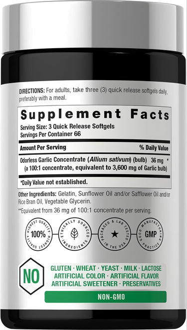 View 2 Odorless Garlic supplement, 3600 mg, 200 softgels, shown in product image.
