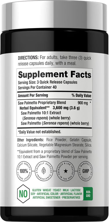 View 2 Supplement Facts panel showing Saw Palmetto 3600 mg for 120 capsules.