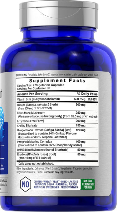 Blue supplement bottle with label on a white background