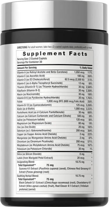 View 2 Supplement Facts panel for Horbaach Womens Multivitamin 50 Plus, 60 coated caplets.
