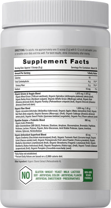 View 2 Supplement Facts for Country Life Organic Greens Powder, 5.29 oz.