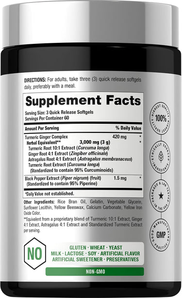 View 2 Supplement Facts for Turmeric Ginger Complex 3000 mg, 180 Softgels.