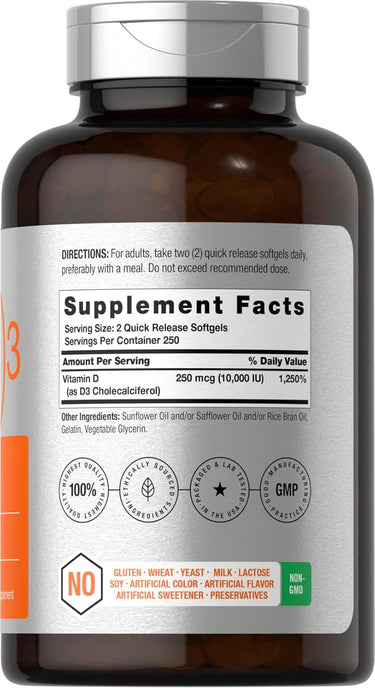 Vitamina D 10000 UI por porção | 500 Cápsulas