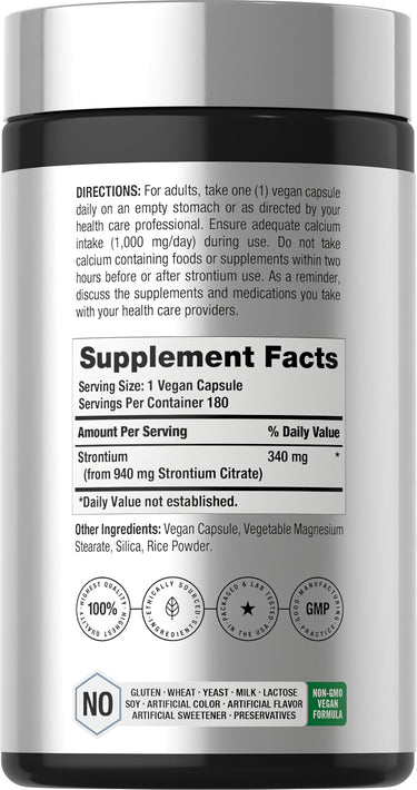 View 2 This is the Supplement Facts panel for Strontium Citrate, featuring details for a 940 mg dosage with 180 capsules.
