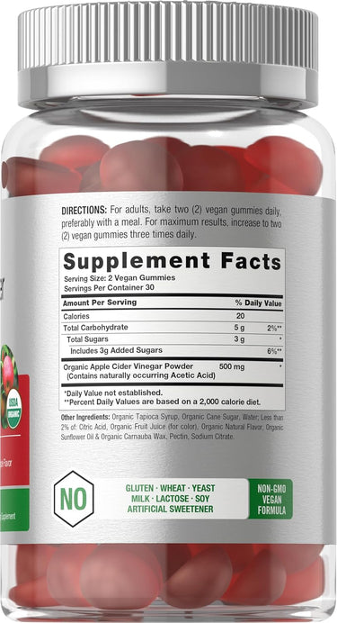 Supplement bottle with gummy vitamins and label showing supplement facts.
