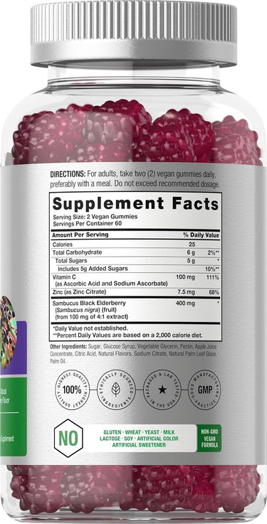 Supplement bottle with pink gummies and label details.