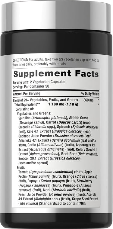 View 2 Supplement Facts for Horbaach Fruits and Veggies, 100 capsules shown.