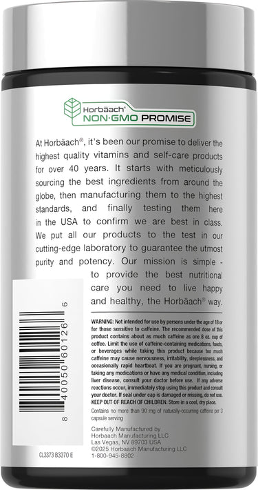 View 3 Horbäach CL EGCG Green Tea 1800 mg 180 Capsules bottle featuring a NON-GMO PROMISE badge.