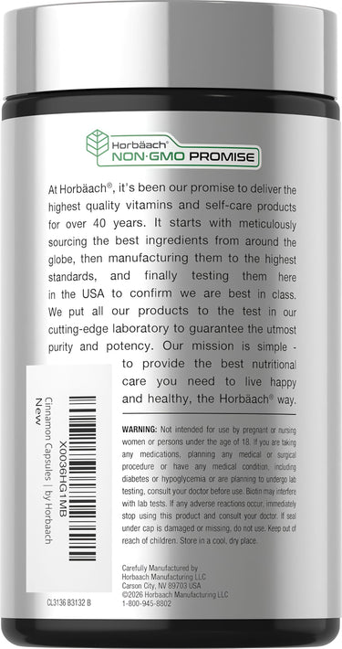 View 3 Horbäach Cinnamon 2500 mg supplement with Chromium and Biotin, available in 250 capsules.