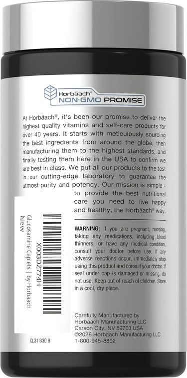 View 3 Horbäach Glucosamine Caplets bottle with label showing NON-GMO PROMISE, manufacturing details, and medical warnings.