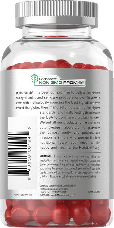 View 3 Apple Cider Vinegar 600 mg 90 Gummies in a clear jar, with Horbäach NON-GMO PROMISE visible on the label.