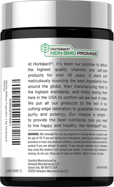 View 3 Horbaach White Willow Bark supplement with 1500mg, containing 200 capsules, shown in product packaging.