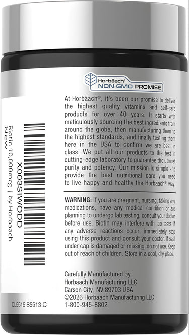 View 3 Horbaach Biotin 10,000 mcg 180 Tablets bottle featuring Horbaach NON-GMO Promise logo on the label.