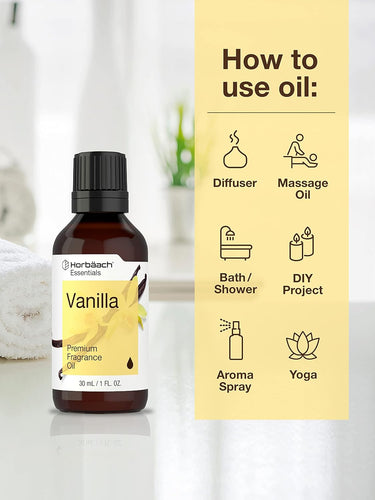 Vanilla fragrance oil bottle with usage instructions on a light background