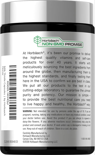 View 3 Horbaach Milk Thistle Extract 3000 mg 300 Capsules bottle with Horbäach NON-GMO PROMISE logo.