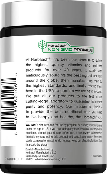 View 3 Bottle of CL Slippery Elm Bark 4000 mg Capsules with Horbäach® NON-GMO PROMISE logo and brand quality statement.