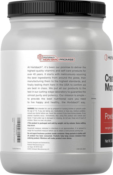Container of Horbaach Creatine Monohydrate Powder with label on a white background