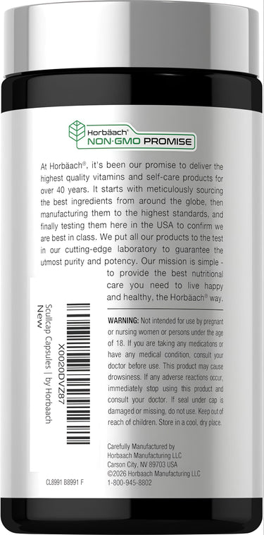 View 3 Bottle of Scullcap Herb 800 mg Capsules with 'NON-GMO PROMISE' seal and 'New' label, containing 200 capsules.