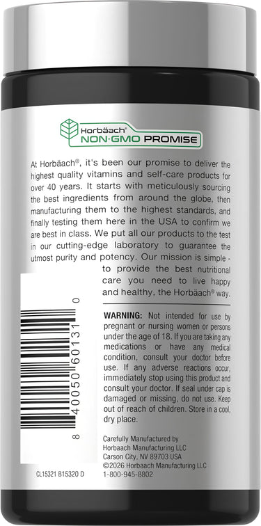 View 3 Corn Silk bottle featuring Horbäach® NON-GMO PROMISE, quality assurance, caution notices, and production information.
