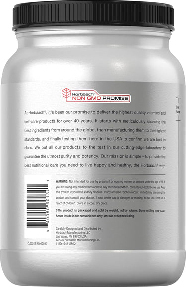 Container with a black lid and white label displaying text and branding.