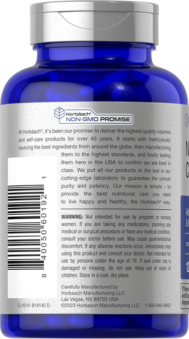 Blue supplement bottle with silver cap and label on a white background