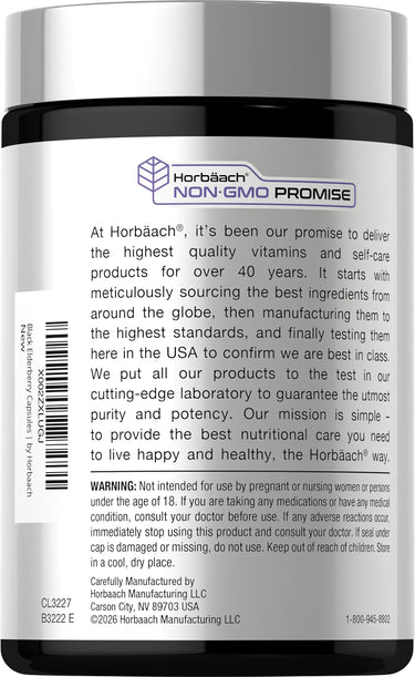 View 3 Horbaach Elderberry 3000mg 300 Capsules featuring a Non-GMO Promise on the label.