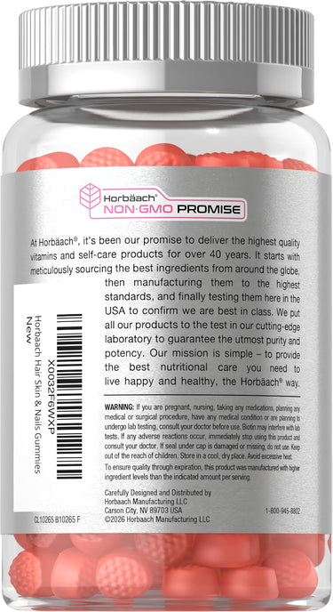View 3 Horbäach Hair Skin & Nails 100 Gummies shown in bottle packaging for promoting health and beauty benefits.