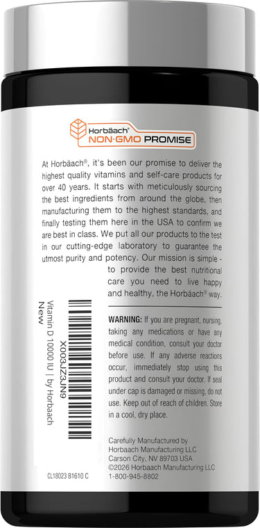 View 3 Horbaach Vitamin D 10,000 IU bottle with 500 softgels and a 'NON-GMO PROMISE' label.