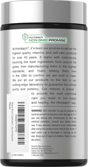 View 3 Horbäach Maca Root 4800mg 120 Capsules bottle displaying Non-GMO Promise and manufacturing details.