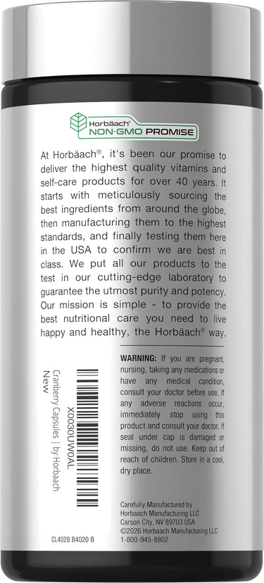 View 3 Horbaach New Cranberry Capsules 15000mg 250 count, featuring NON-GMO PROMISE label on the bottle.