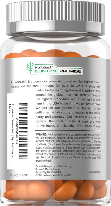 View 3 Horbaach Turmeric Gummies, 70-count bottle labeled with a NON-GMO promise.
