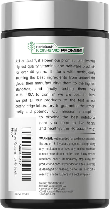 View 3 Horbäach Olive Leaf Extract 9000 mg 200 Capsules bottle featuring NON-GMO PROMISE badge.