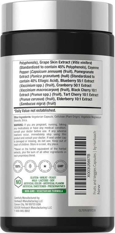 View 3 Fruits and Veggies bottle with icons indicating no gluten, wheat, yeast, milk, lactose, soy, artificial additives, Non-GMO, vegetarian.