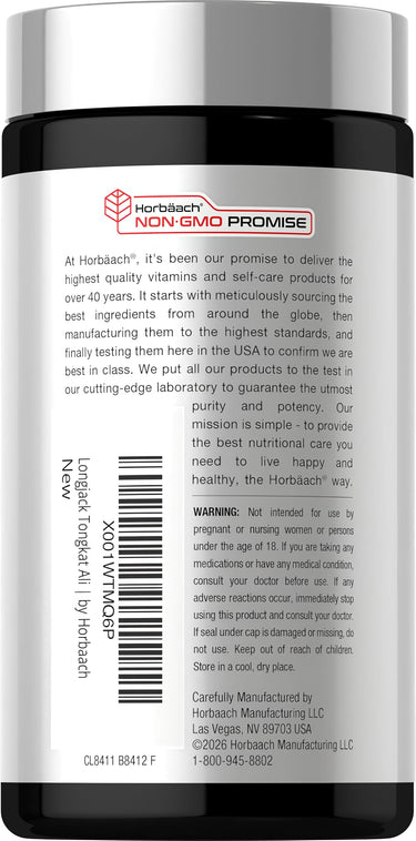 View 3 Horbäach Longjack (Tongkat Ali) 1600 mg Capsules, 120 count bottle, featuring a NON-GMO PROMISE label.