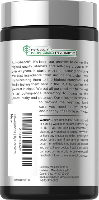 View 3 Horbaach Ashwagandha supplement with 1,380 mg in a bottle of 180 capsules.