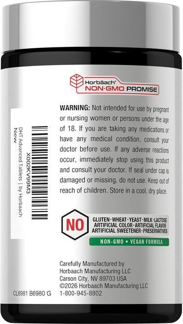 View 3 Horbaach DHT Blocker 120 Tabs. Features: Non-GMO, Vegan, Free of Gluten, Wheat, Yeast, Milk, Lactose, Artificial Color/Flavor.