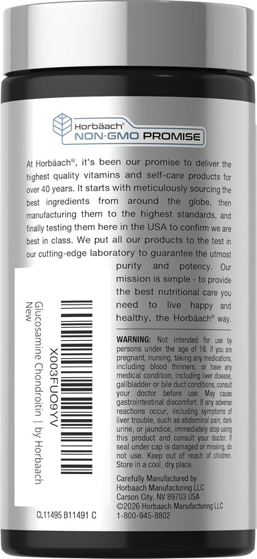 View 3 Horbaach Glucosamine Chondroitin 180 Tablets bottle features 'NON-GMO PROMISE' prominently on the label.