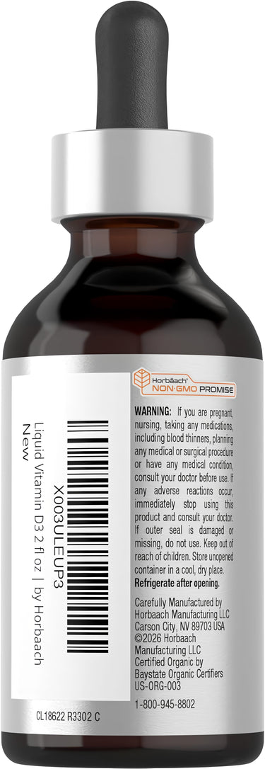 View 3 Horbaach Liquid Vitamin D3 + K-2 with MK7 comes in a 2 fl oz (59mL) dropper bottle.