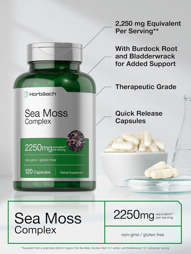 Horbaach Sea Moss Complex supplement bottle with capsules on a light gray background