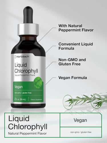 Bottle of Herbacea Liquid Chlorophyll with features listed on a light gray background